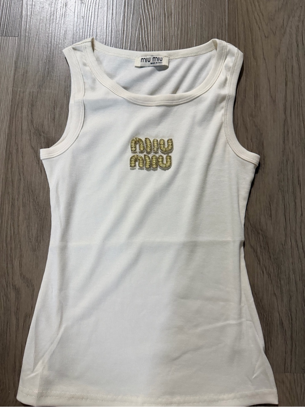 Miu Miu Ivory Ribbed Tank with Gold Embellished Logo - Picture 1 of 4